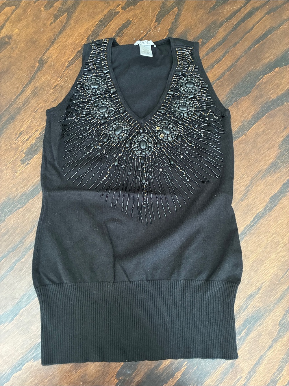 Sleeveless Black Beaded V-Neck Knit Top